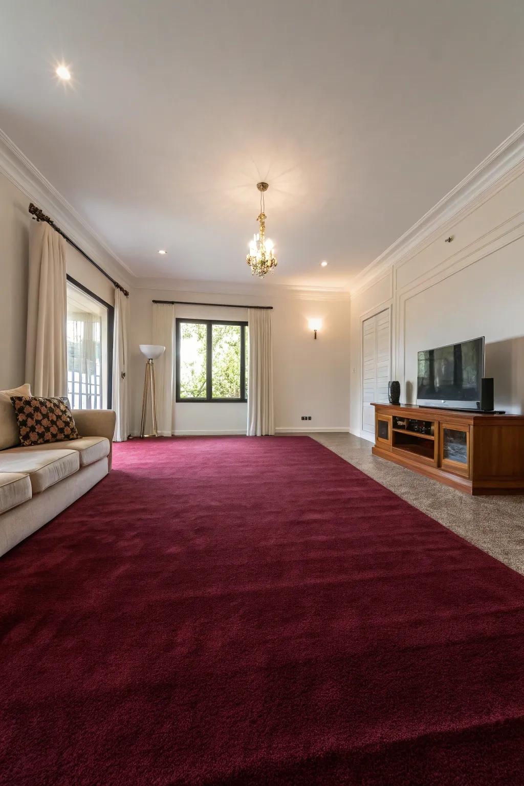 The scarlet floor covering distinguishes itself within a minimalist setting.