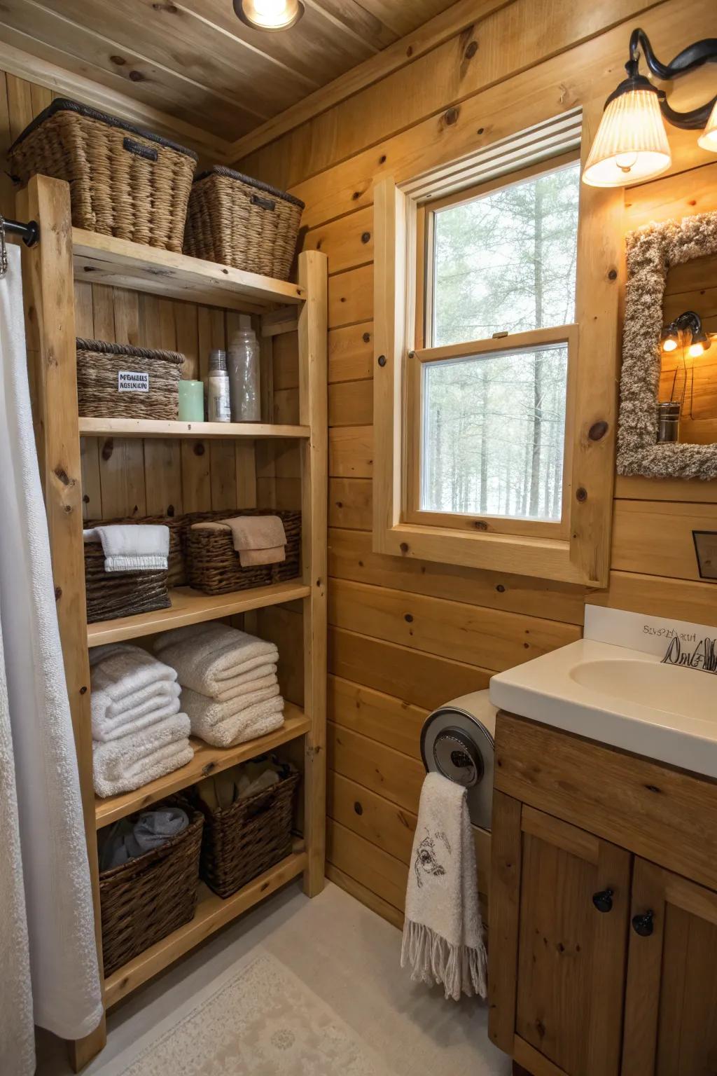 A log cabin washroom displaying functional design with timber shelves.