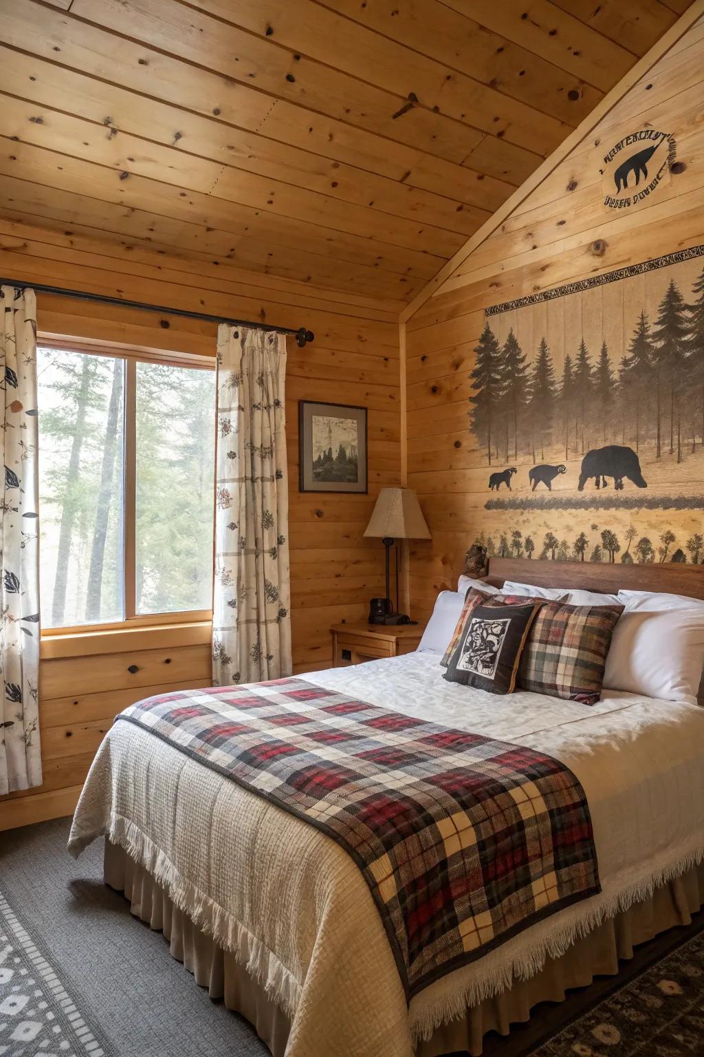 A cabin bedroom designed with natural influenced decor and creature themes.