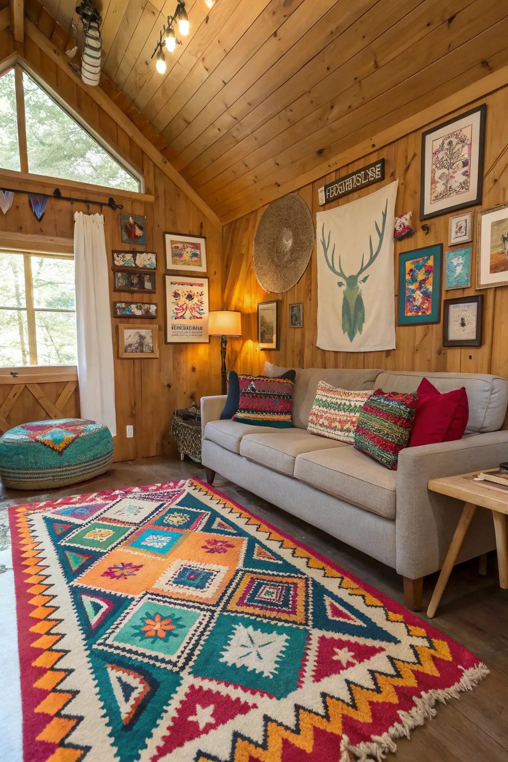 Eclectic decor enriches the interior of the cabin with personality and warmth.