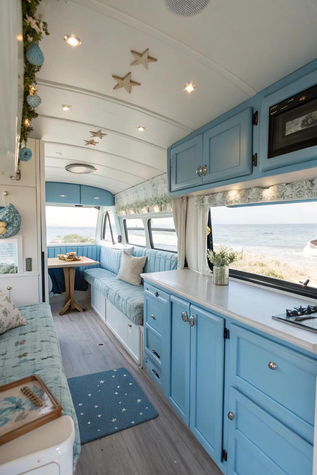 Blue cabinets create a serene nautical feel.