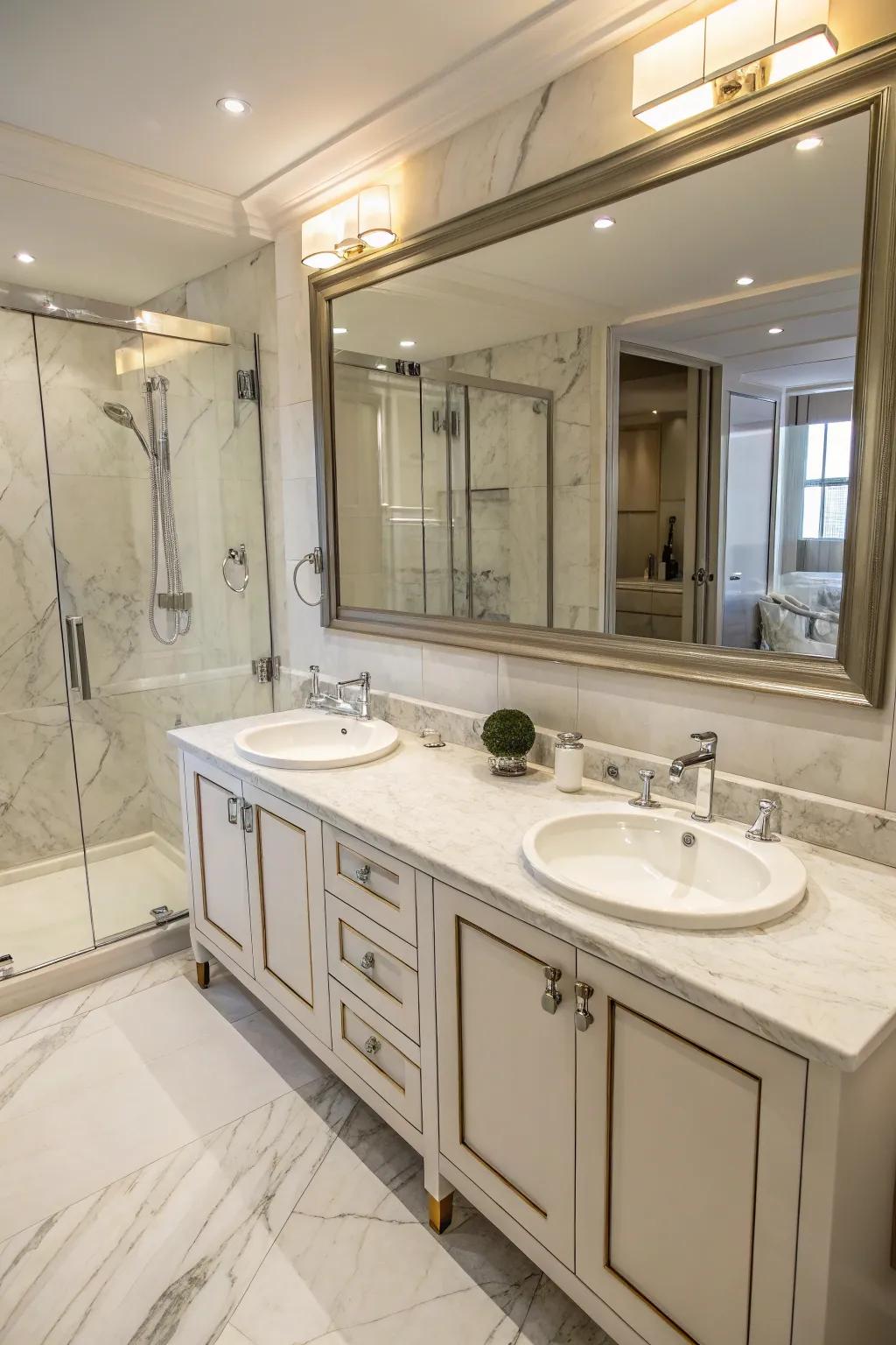 A practical and beautiful double vanity featuring Luminous Argento marble countertops.