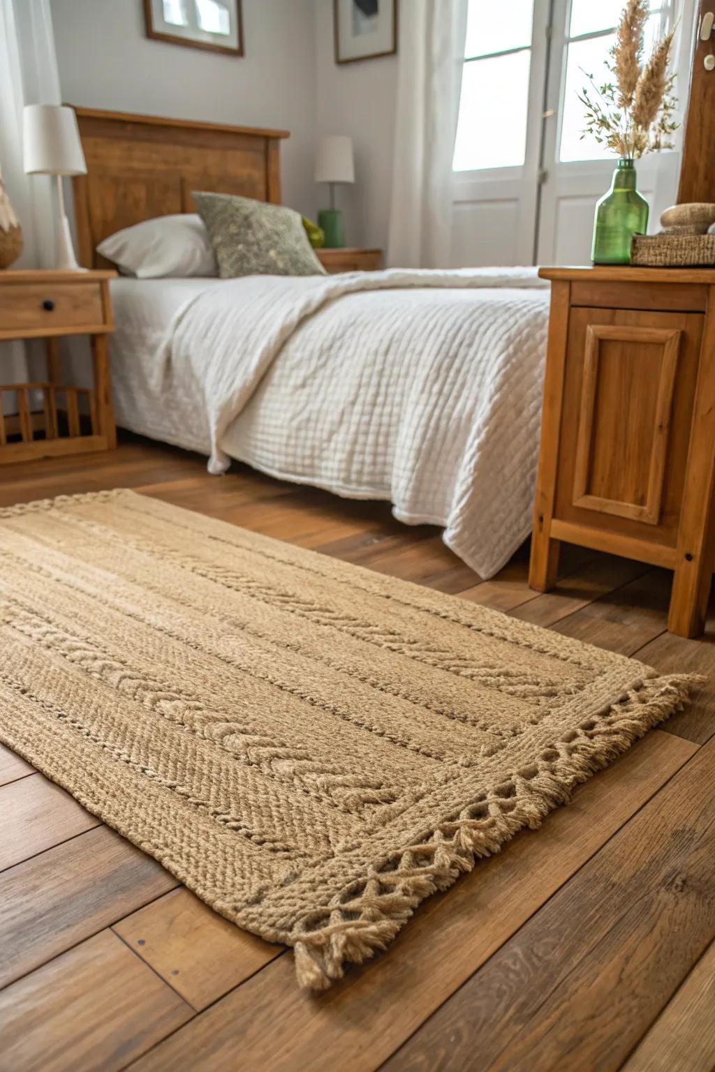 This bedroom features a textured jute rug on wooden flooring, enhancing the warmth of the room.