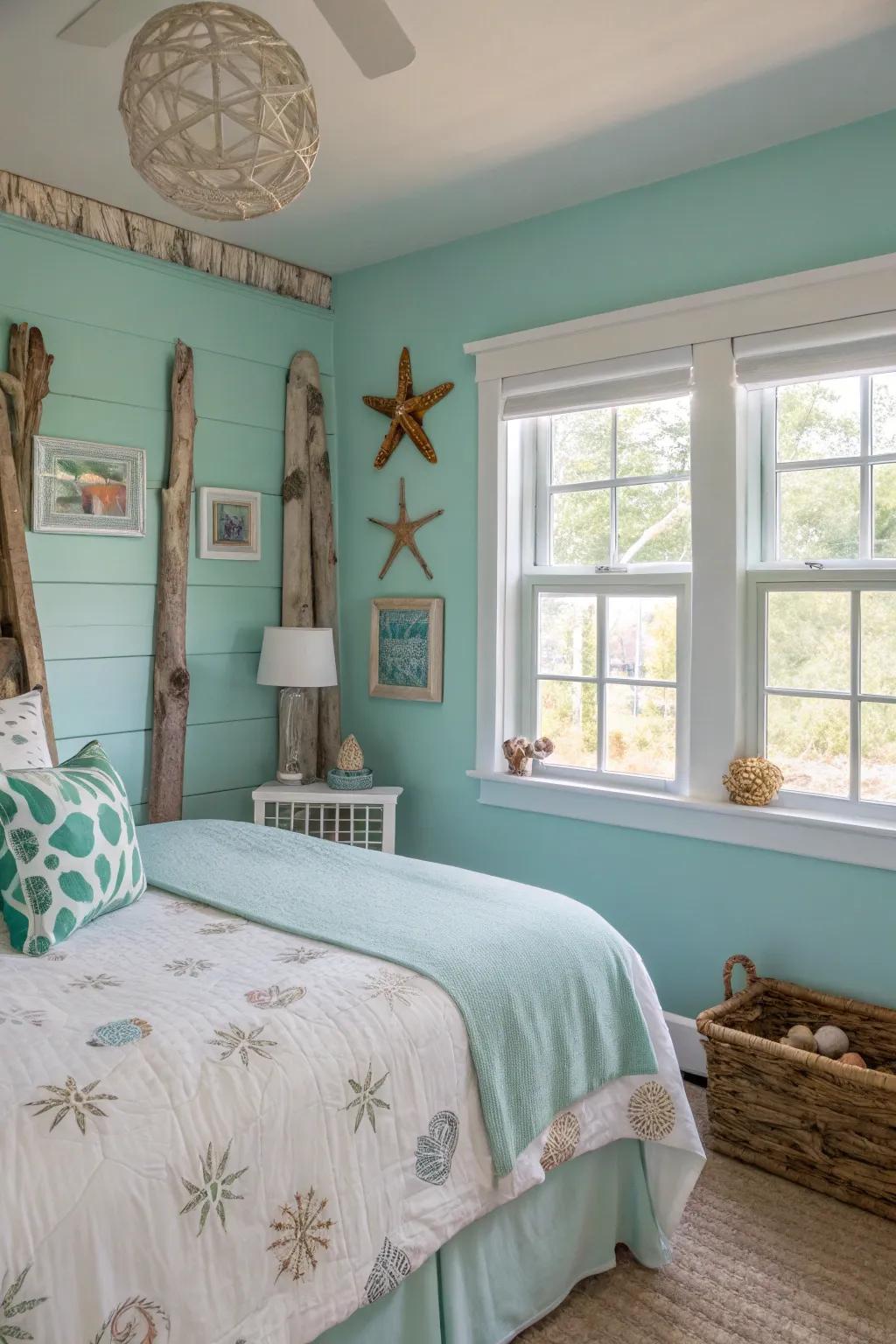 Aqua tones design a refreshing and soothing personal space.