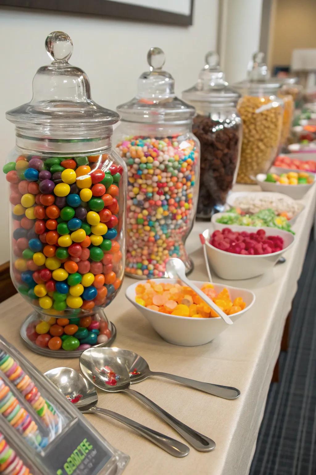Bargain store treasures can be both budget-friendly and chic for your candy buffet.