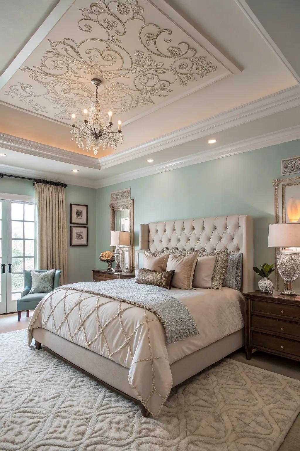 Tiered tray ceilings amplify the room's sense of depth and sophistication.