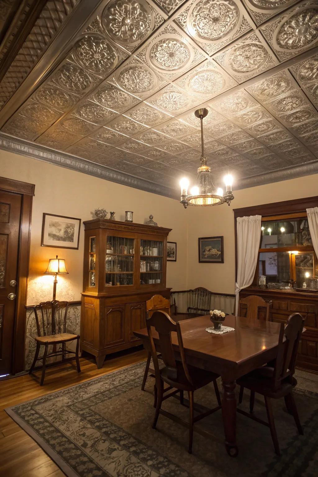 Metal shimmer adds vintage glamour to any ceiling.