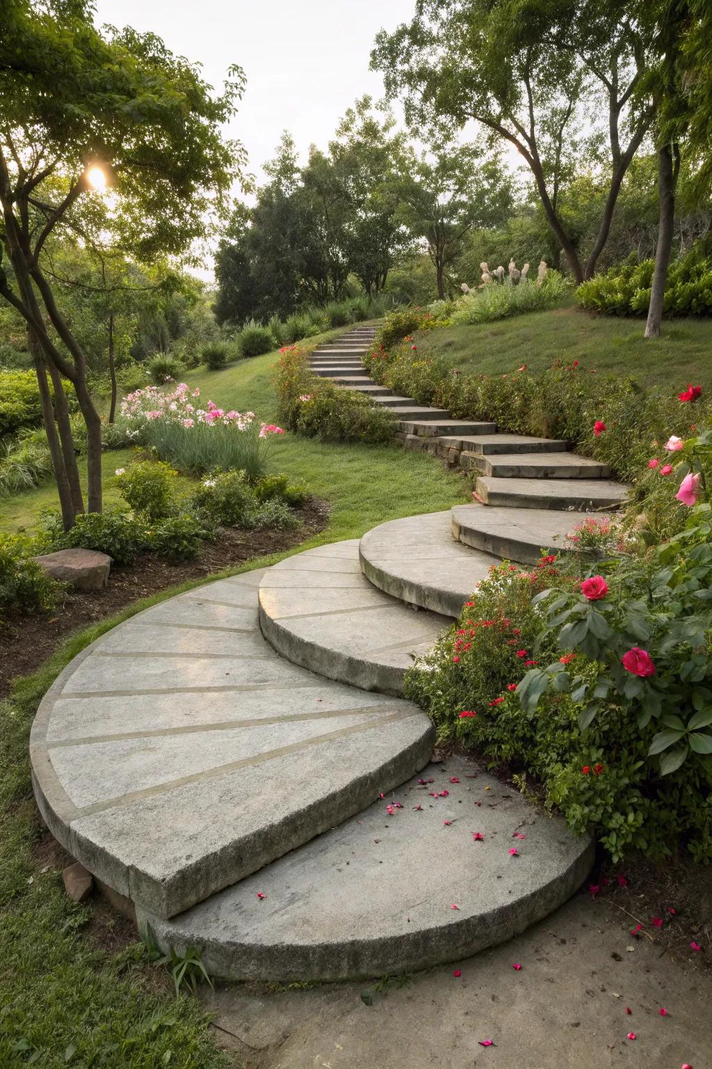 Rounded concrete steps that inject creativity into garden paths.