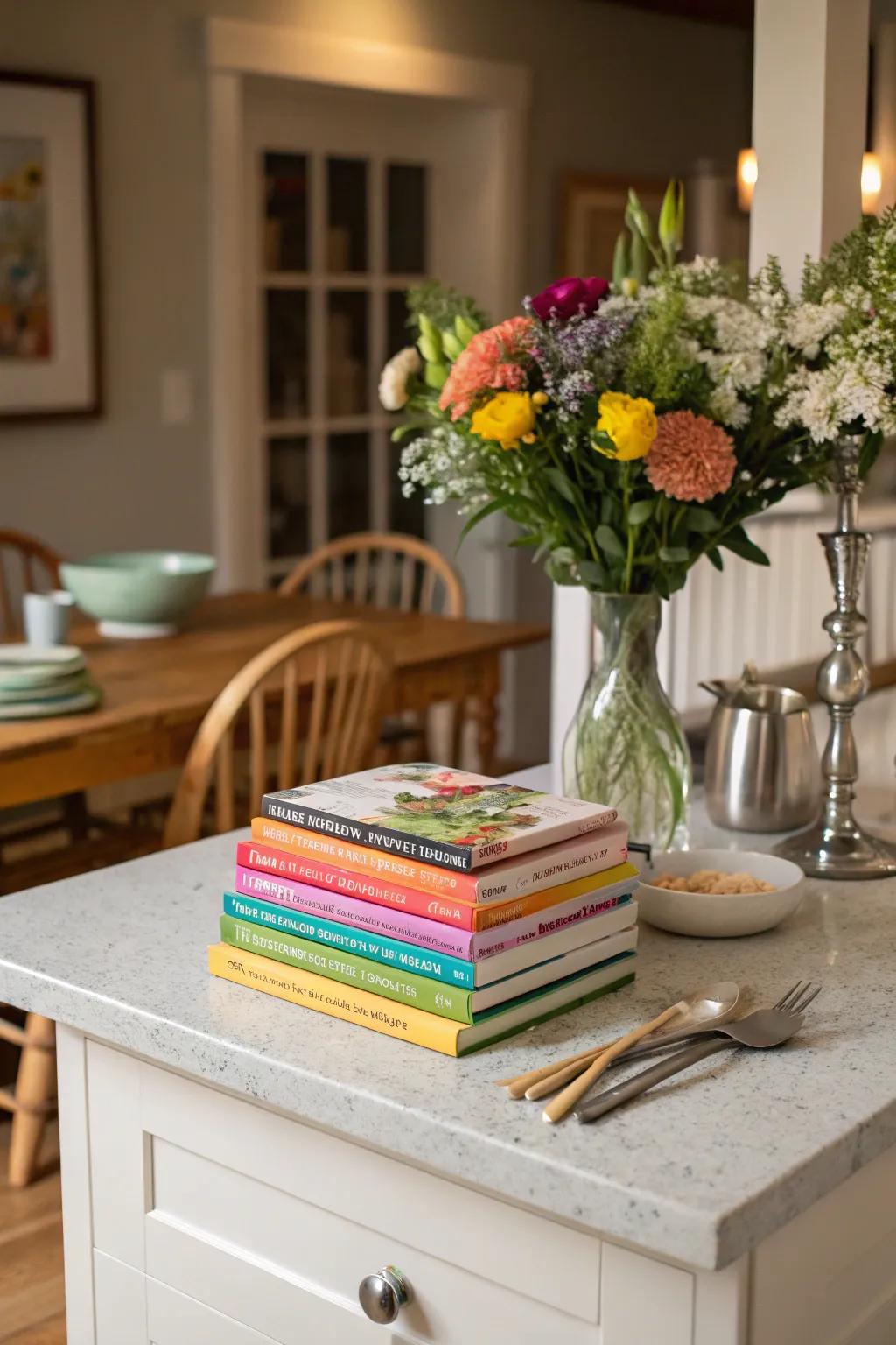 Showcase your culinary interests with a stack of recipe books.