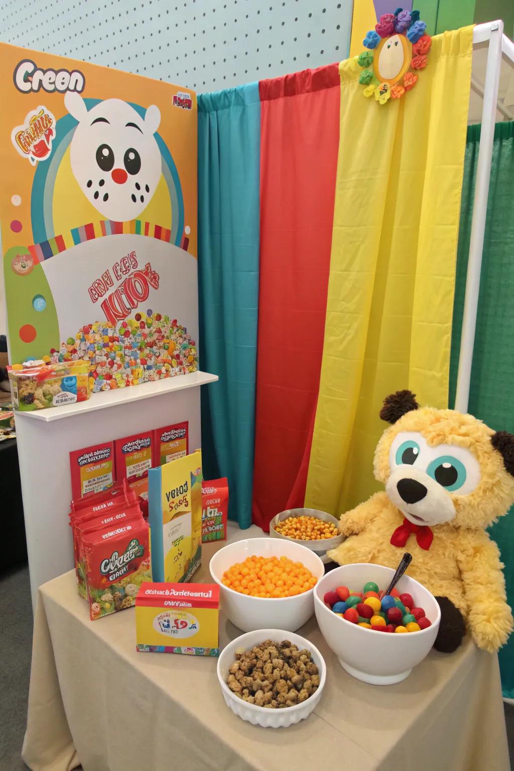 A snapshot station featuring grains-themed props and a vibrant backdrop.