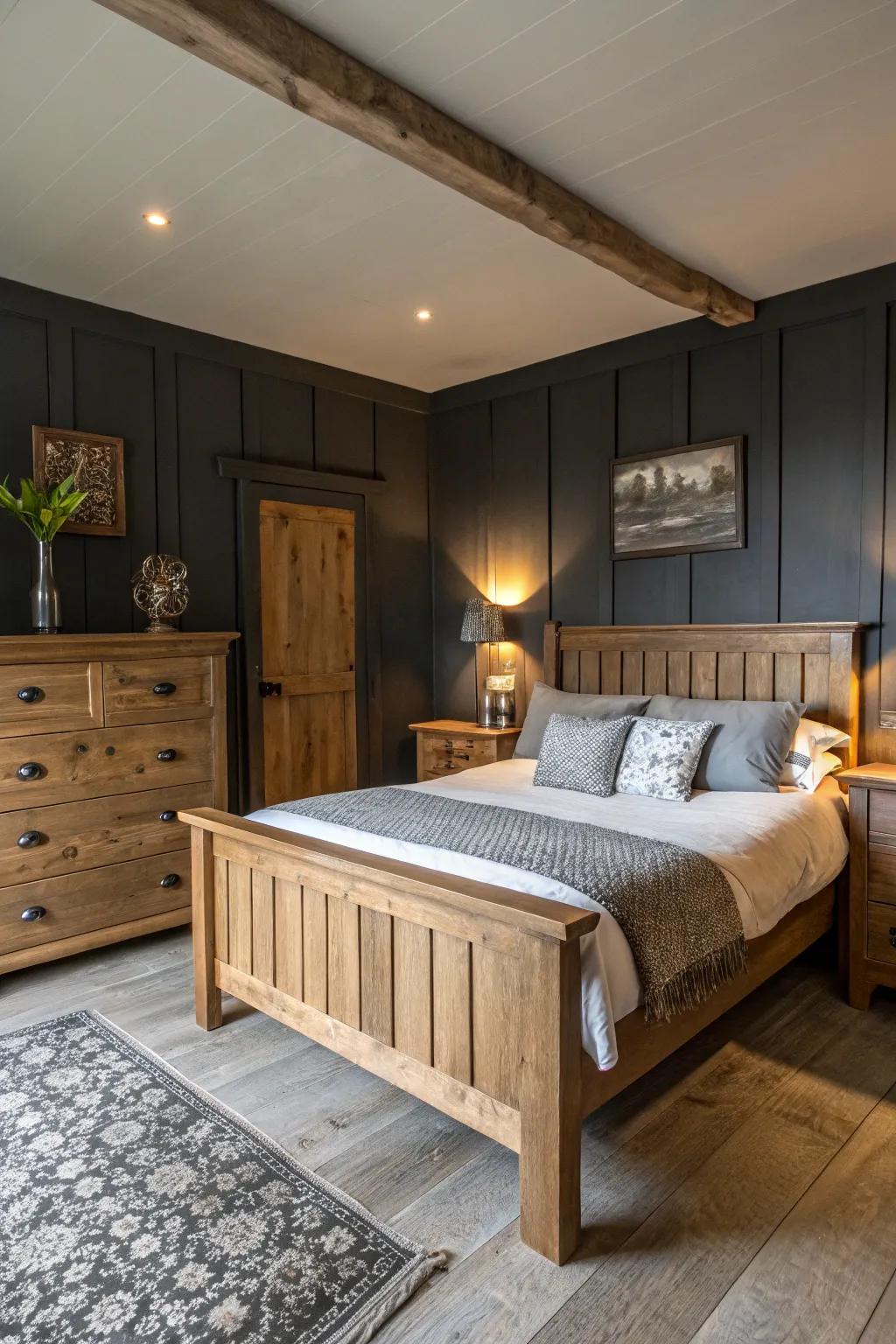 Organic features contribute warmth to a deep slate-themed bedroom.