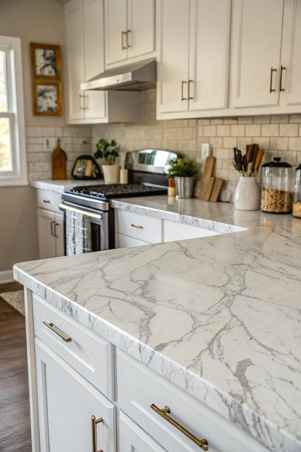A fashionable kitchen sporting countertops adorned with contact paper.