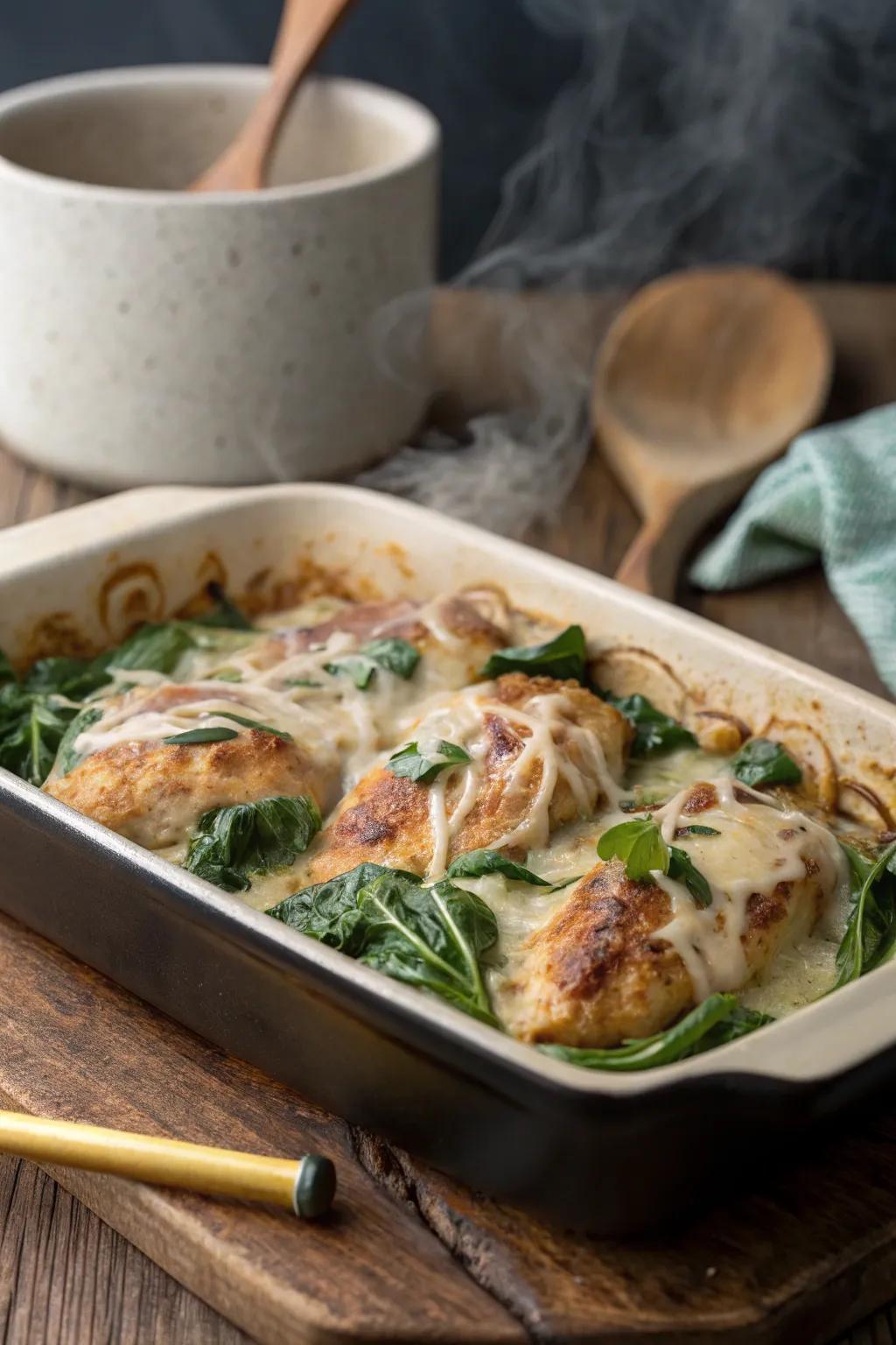 Baked chicken with spinach and VelvetCheese, a cozy delight.