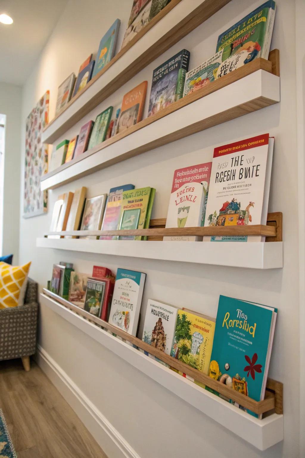 Wall-fixed bookracks promote reading and organization.