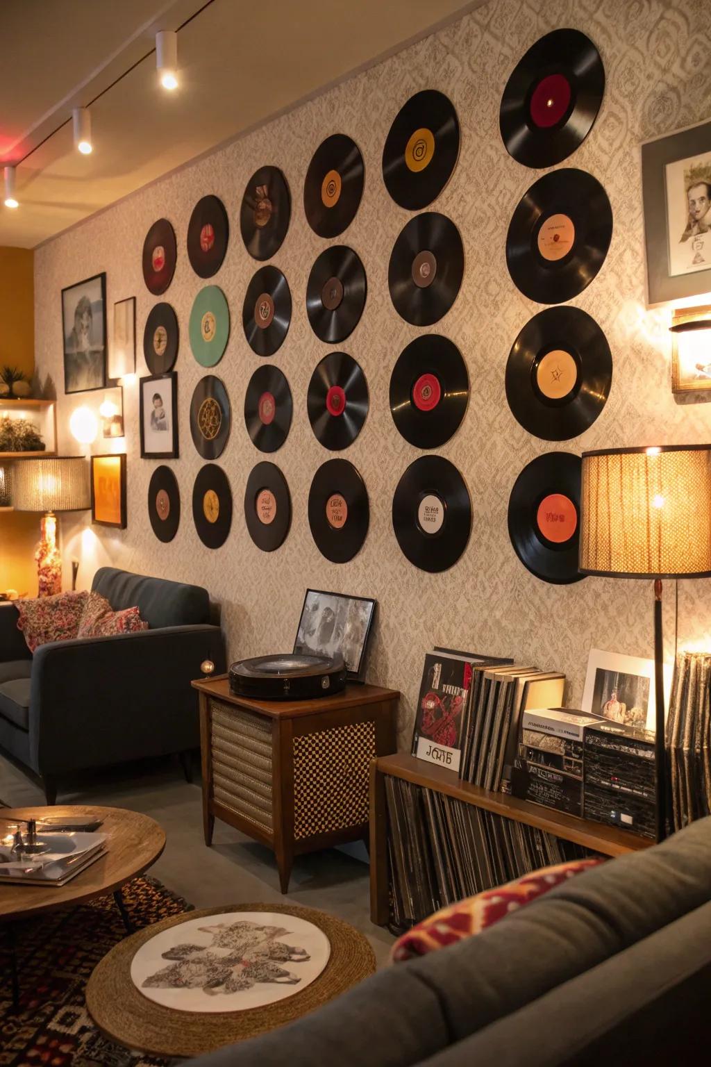 Vinyl records adding a vintage touch to the room décor.