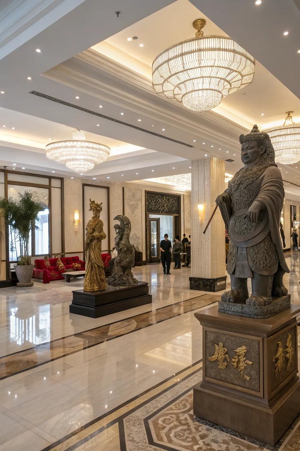 Symbolic statues bringing cultural depth to the entrance hall.