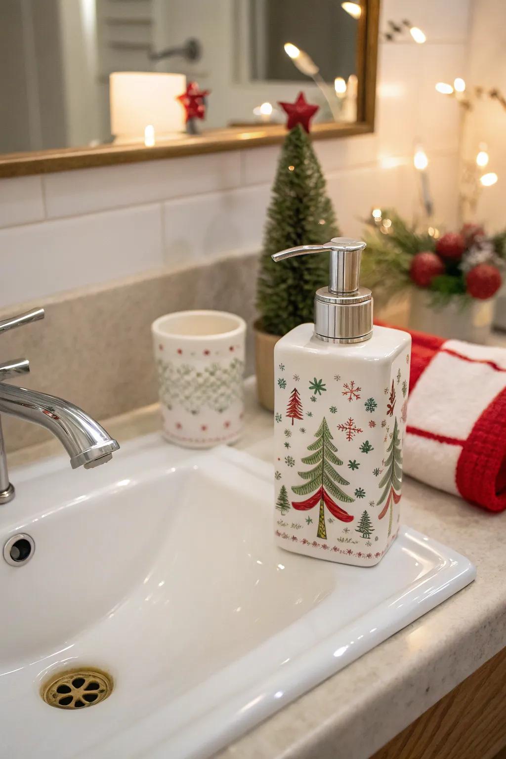 A holiday-themed soap dispenser adds a festive flair.