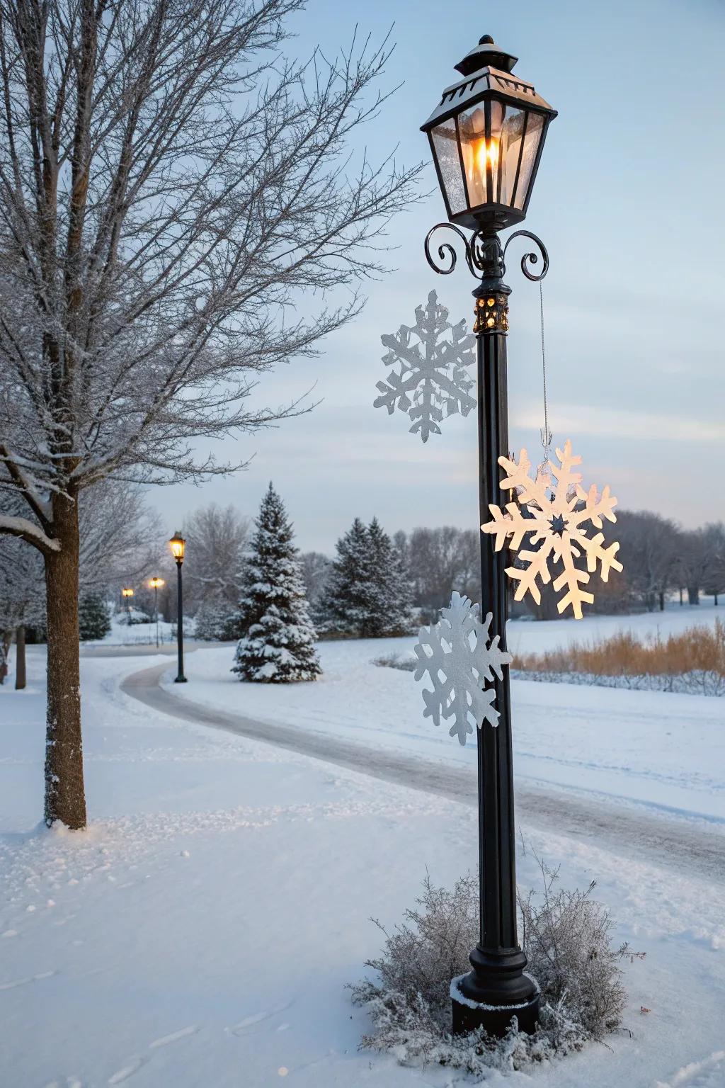 DIY snowflakes craft a winter wonderland around a lamp post.