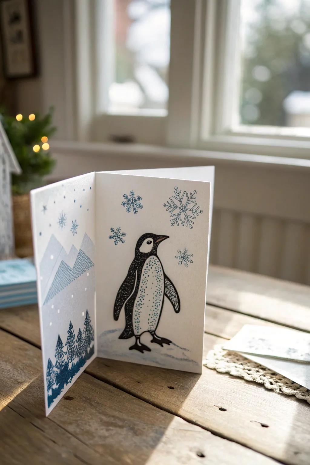 Enjoy the festive appeal of handmade penguin pop-up cards, where simplicity brings joy!