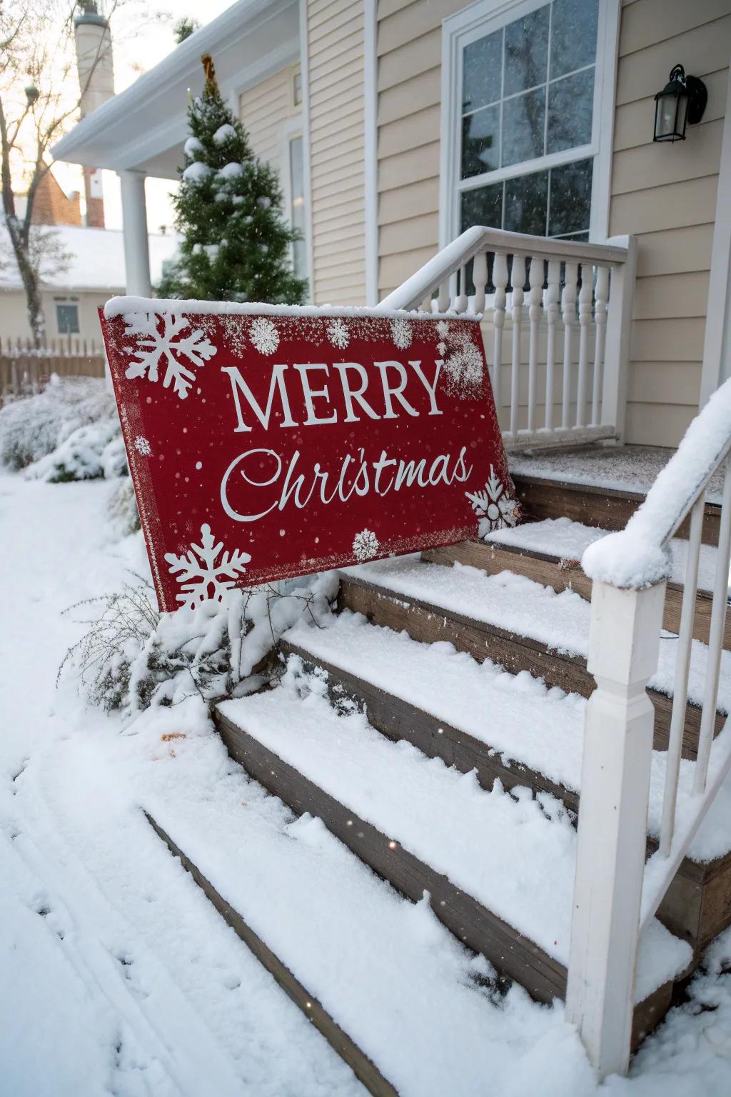 Greet guests with an outdoor 'Merry Christmas' sign.