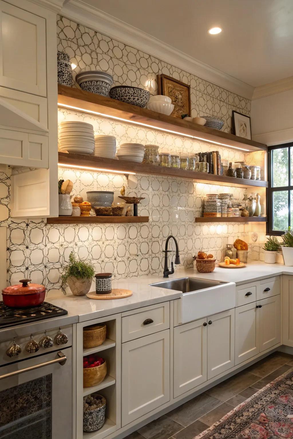 Visible shelving adds functional elegance to this traditional kitchen.