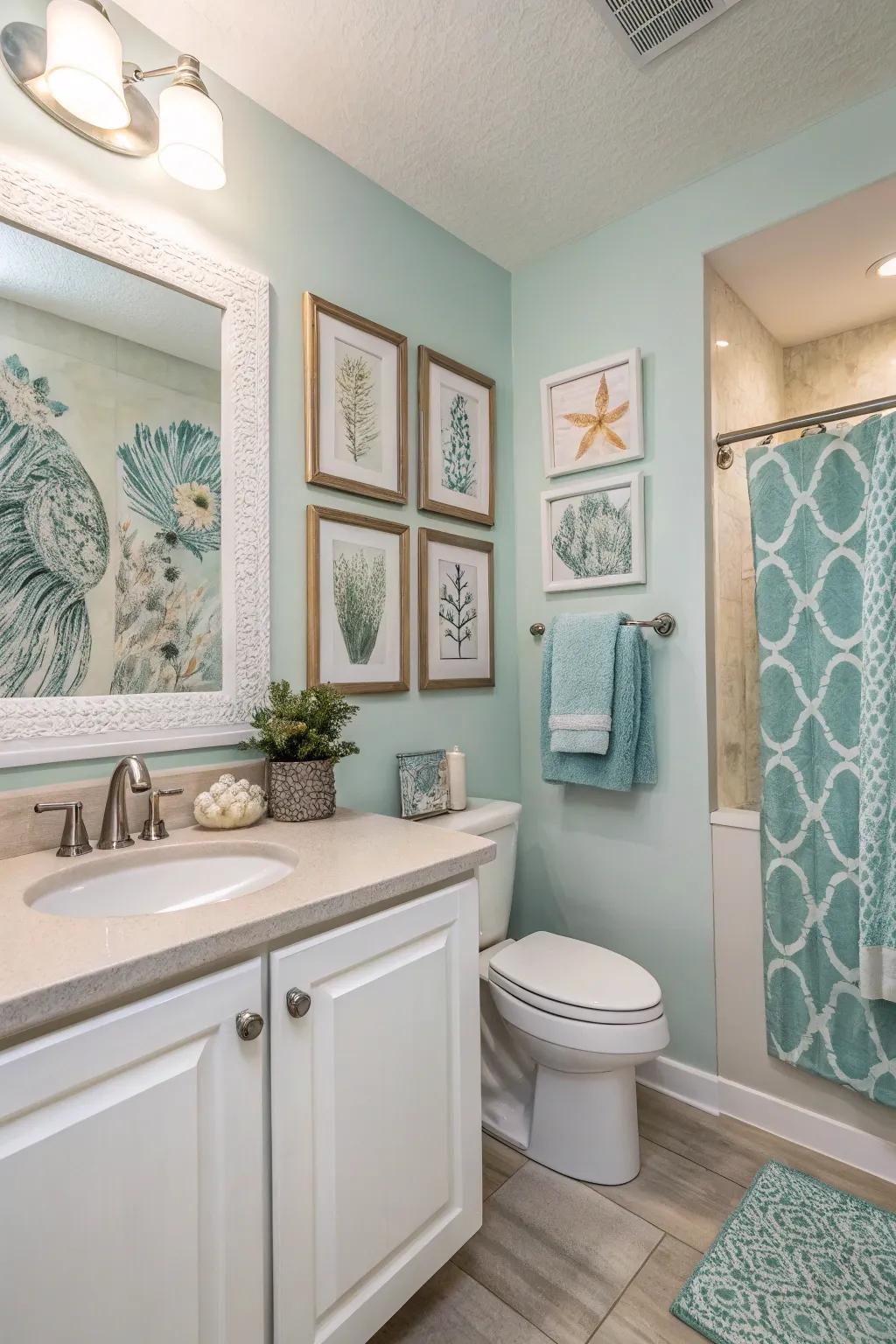 A bathroom where the wall art fits perfectly with the colors already in the room.