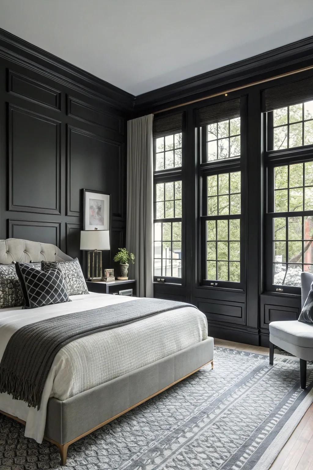 Ebony window frames contribute a contemporary nuance to this room.