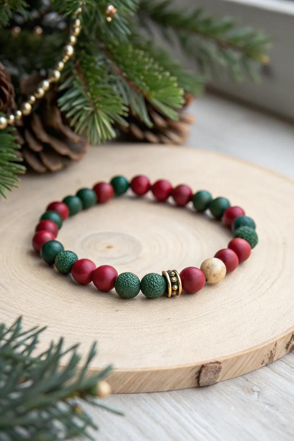 Celebrate the season with handcrafted elegance: A clay bead bracelet in festive holiday hues.