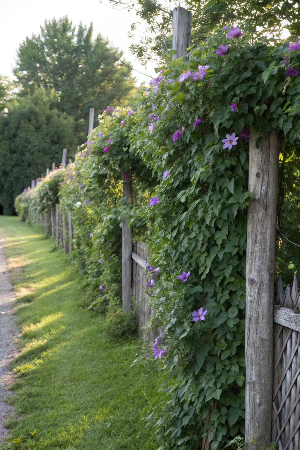 A verdant partition trellis integrates clematis into a practical garden edge.