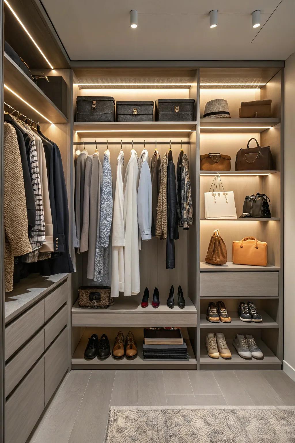 Integrated shelves and rods offer versatile storage for diverse clothing types and accessories.