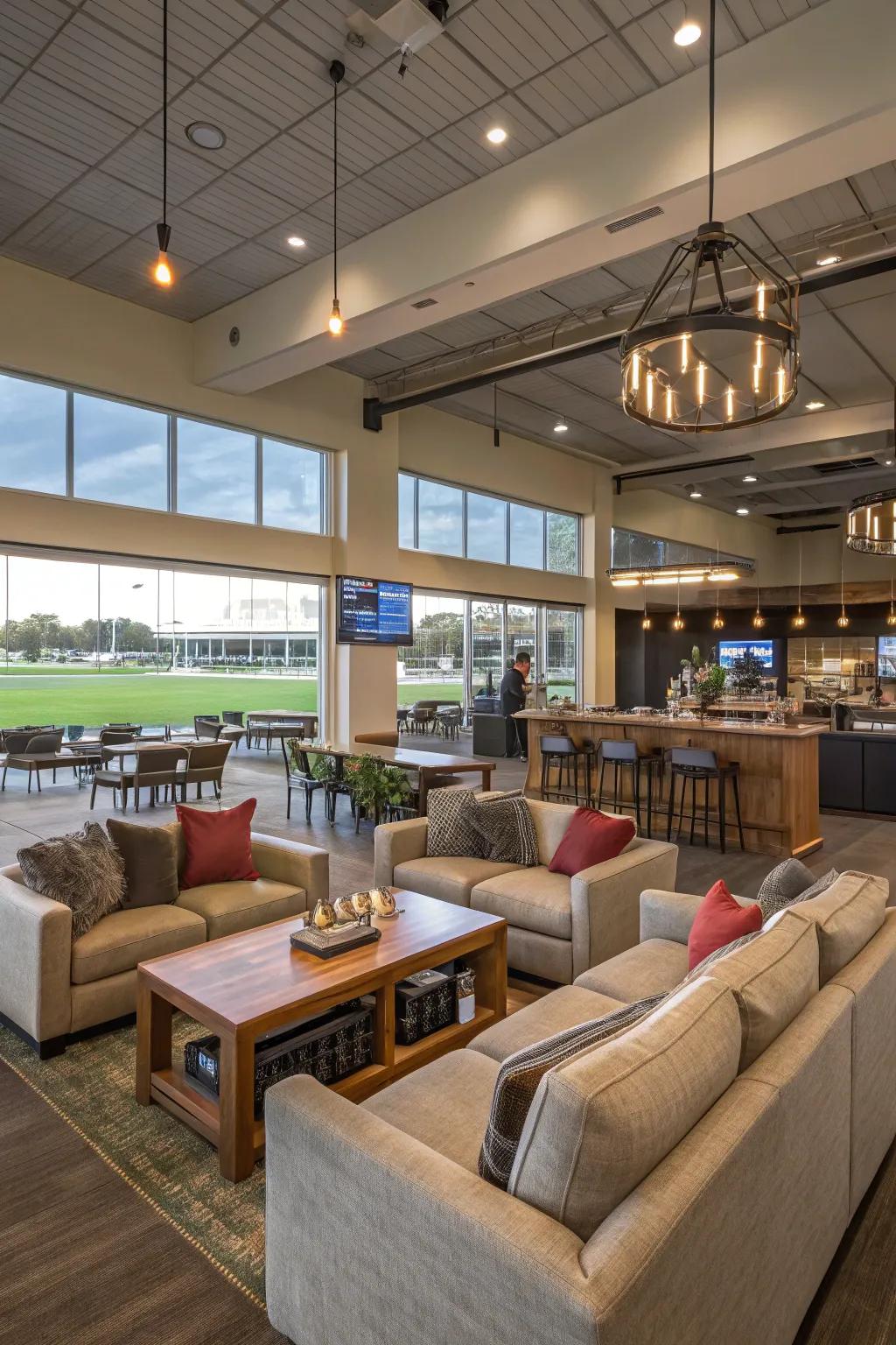 Multipurpose zones intended for function hosting and lounging inside a clubhouse.