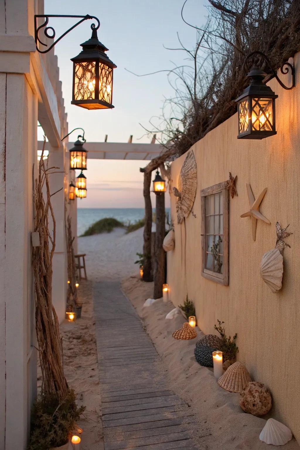 Shoreline lanterns create a welcoming coastal atmosphere.