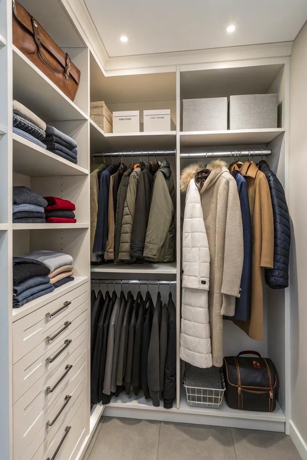 This closet is optimized for coat storage.