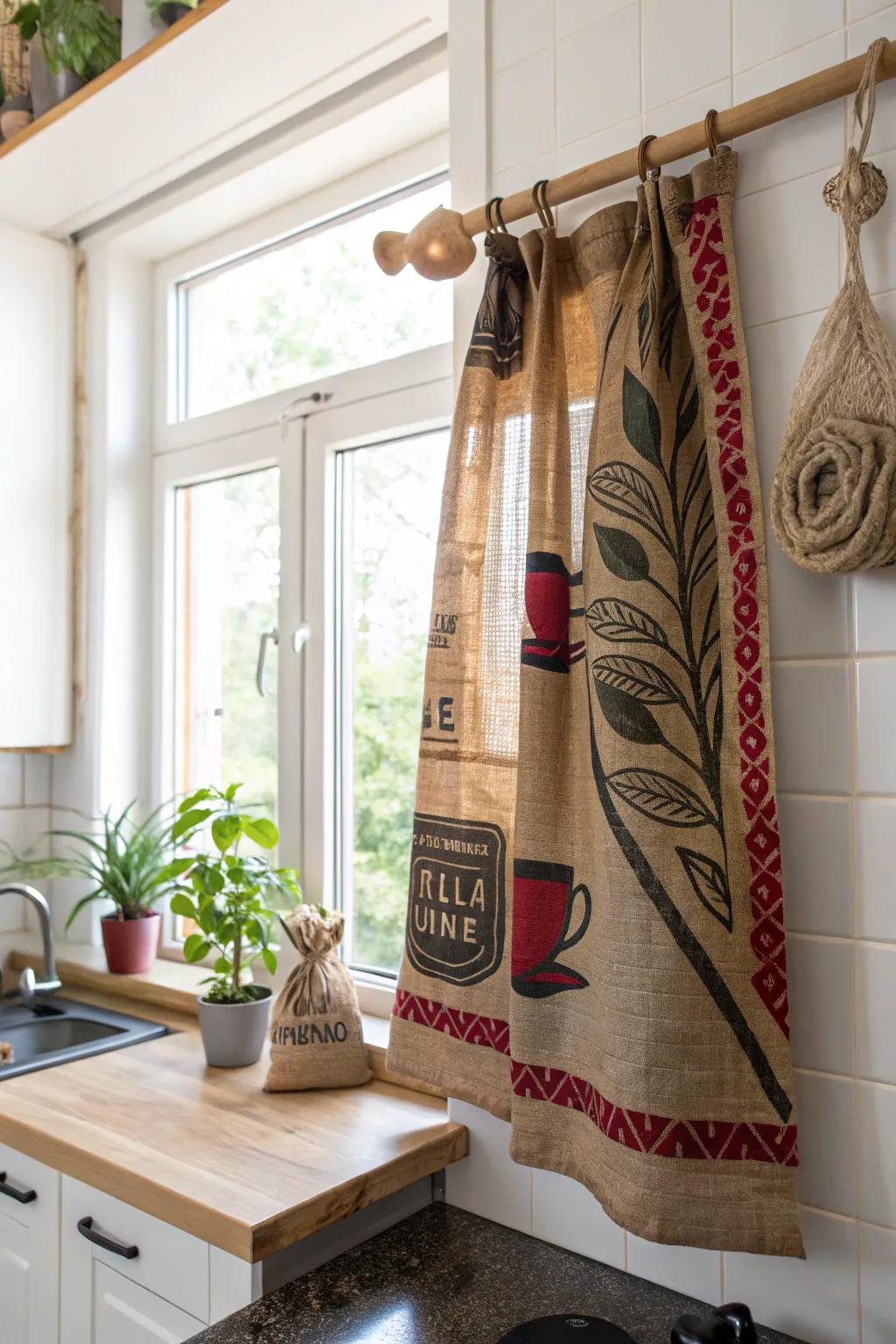 Change your kitchen with charming grain sack curtains for a cozy, boho-chic vibe.