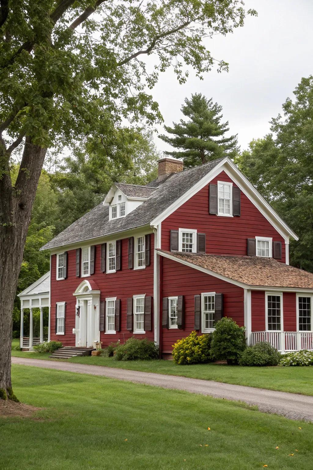 A colonial house radiating warmth with its audacious barn crimson facade.