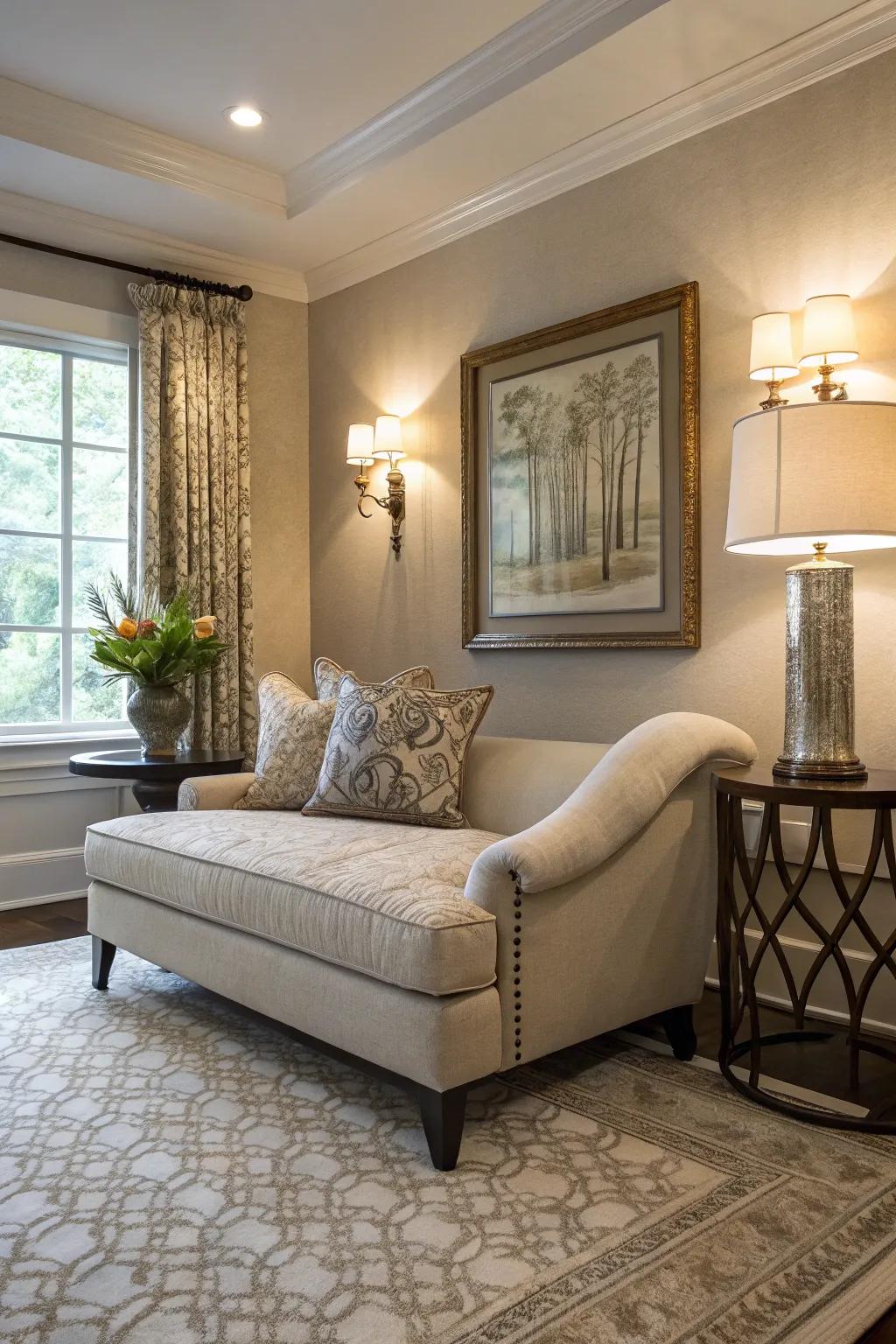 A chaise lounge that offers relaxation in a small space.