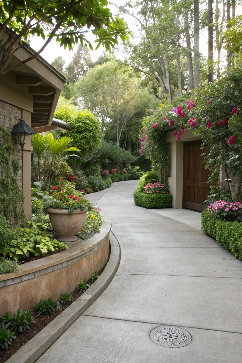 Landscaping elements that beautifully frame this concrete driveway, creating a harmonious blend of nature and design.