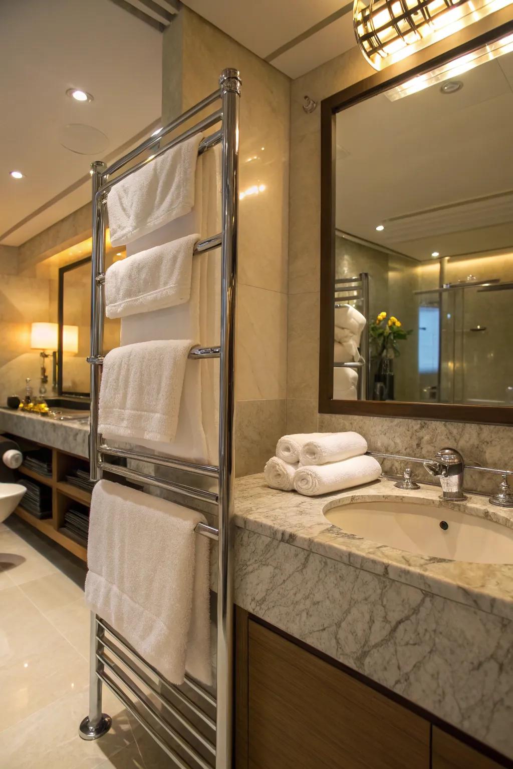 Bathroom exuding luxury with gentle lighting and soft cloths.