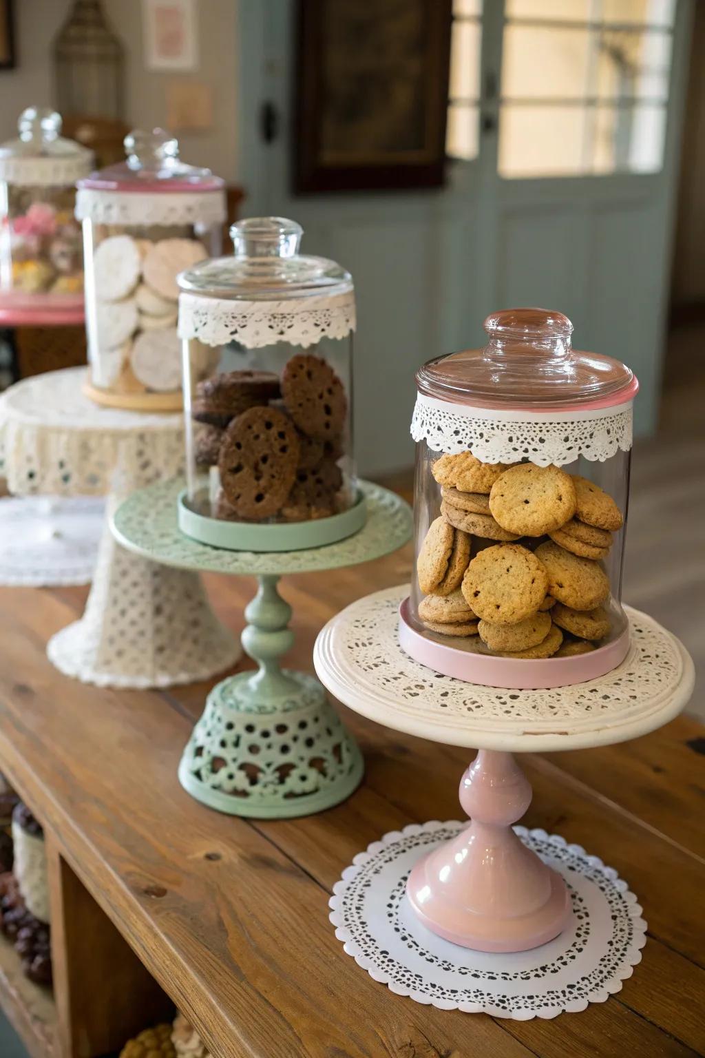 Pastry platforms of yesteryear inject sophistication into displays.
