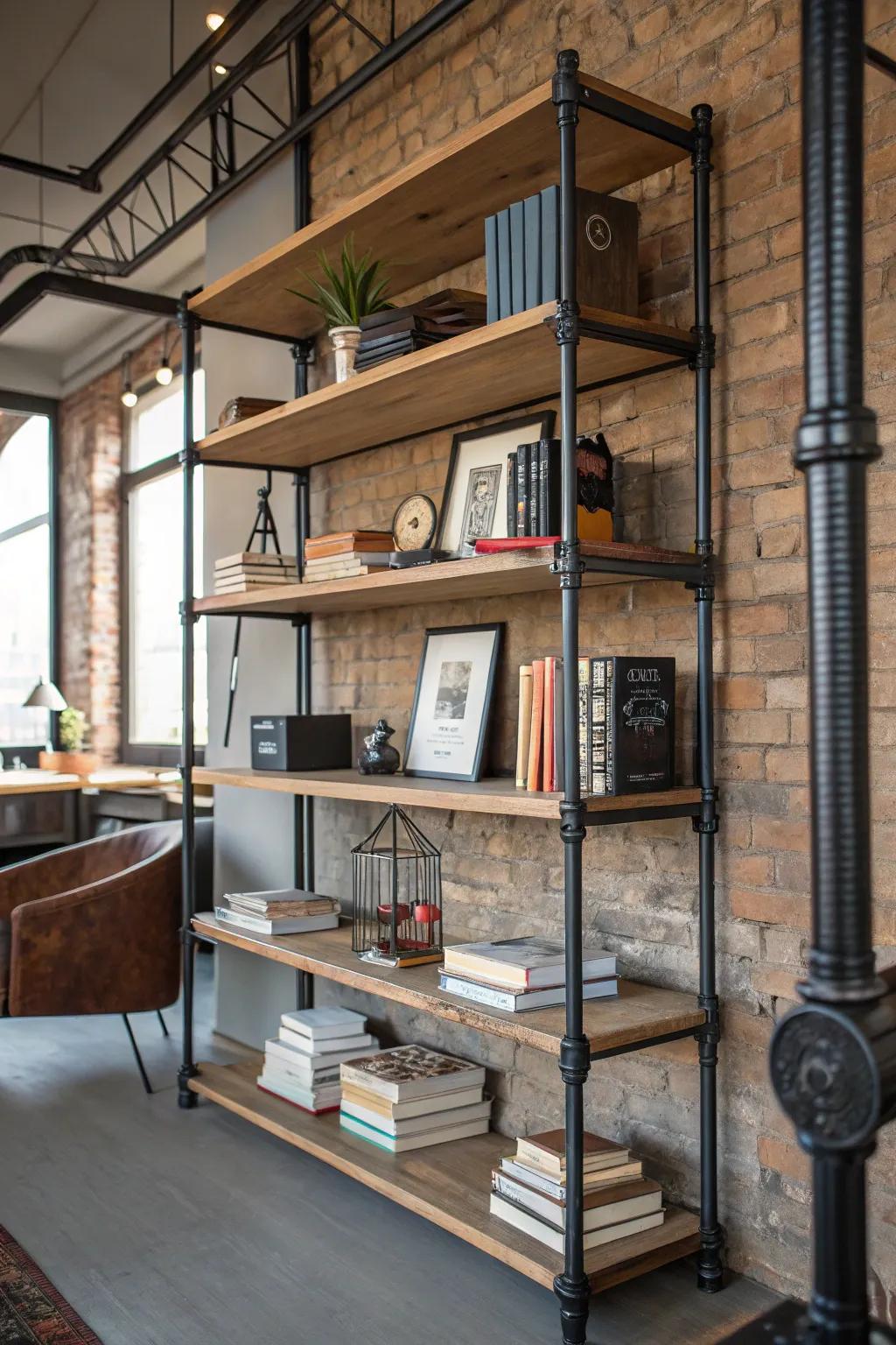 Shelves featuring industrial pipes deliver a unique, urban aesthetic.