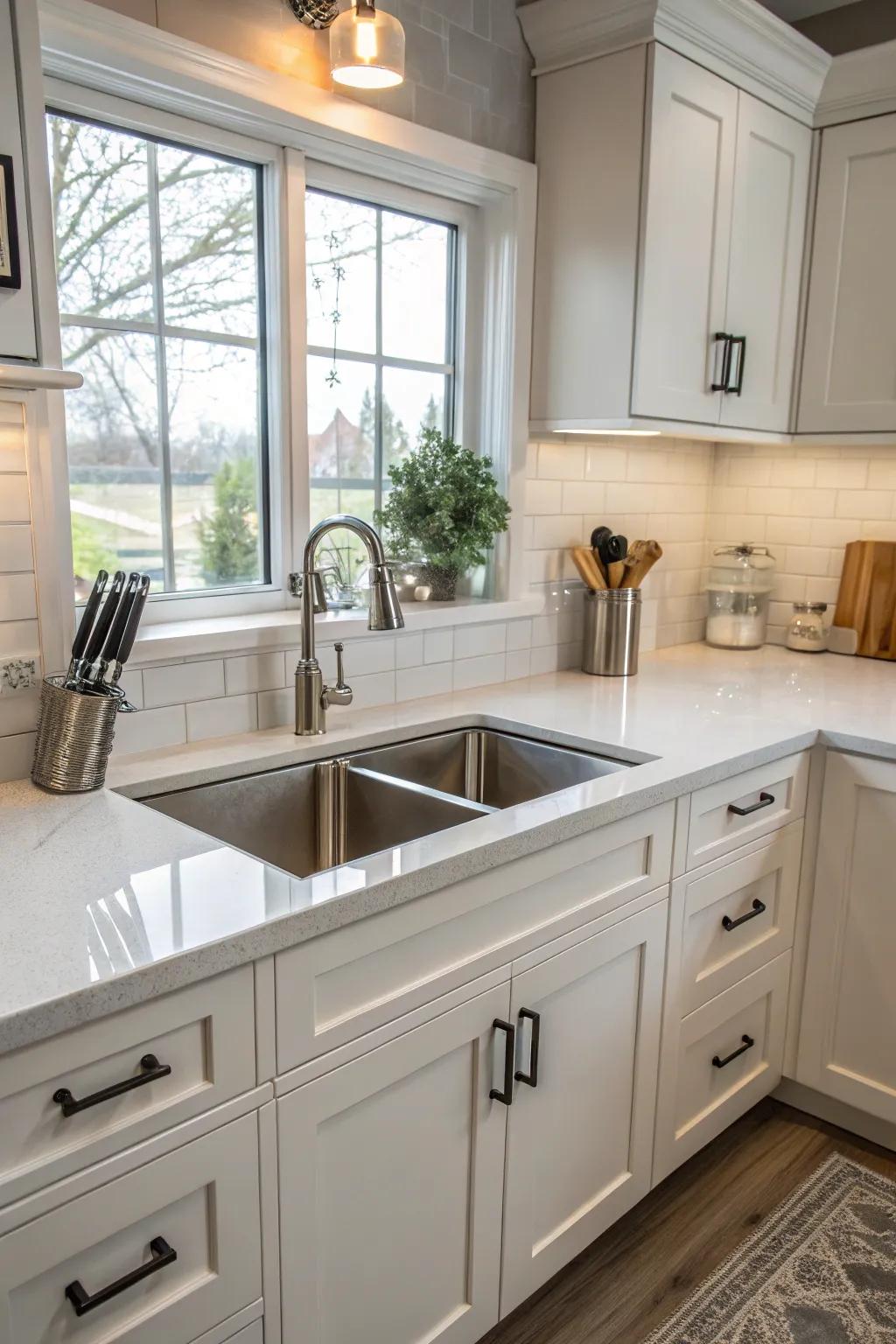 Symmetrical design features around a corner kitchen sink for a balanced aesthetic.