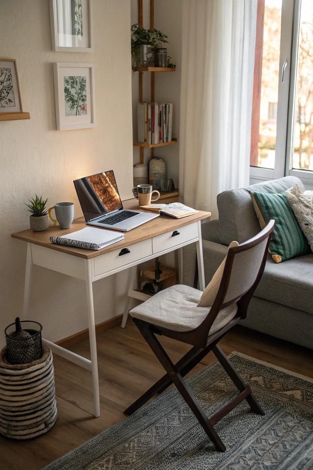 A corner desk turns a space into a small yet efficient workspace.