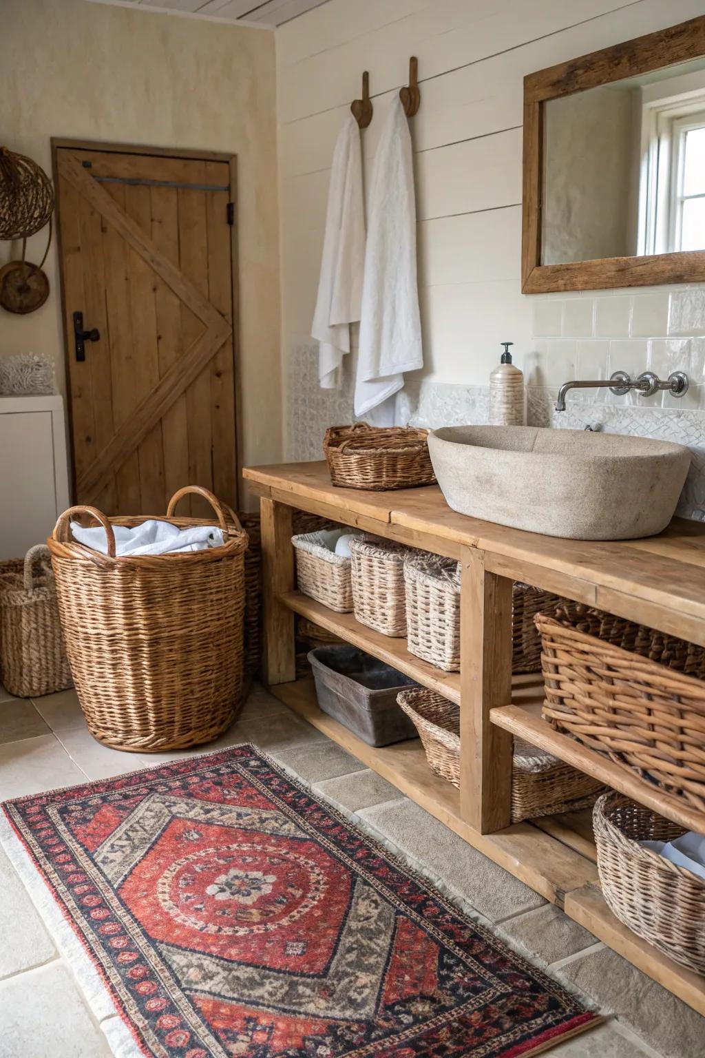 Personal touches like baskets and rugs enrich this cozy bathroom.