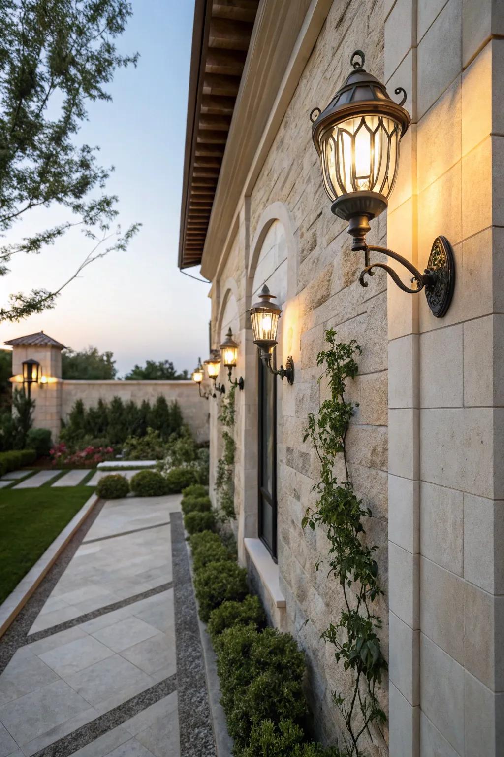 Wall-mounted fixtures add sophistication and safety to the patio.