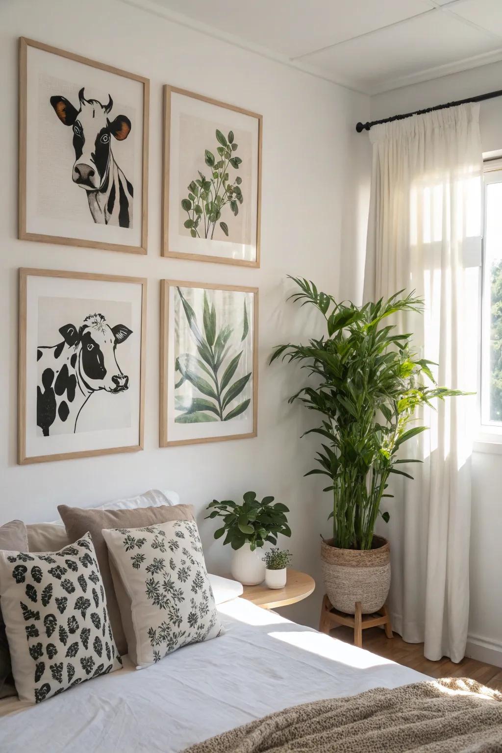Cow print artwork creates a unique focal point in any space.