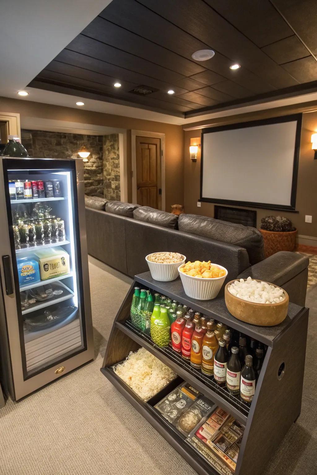 A dedicated snack spot with a popcorn maker improves the movie experience.