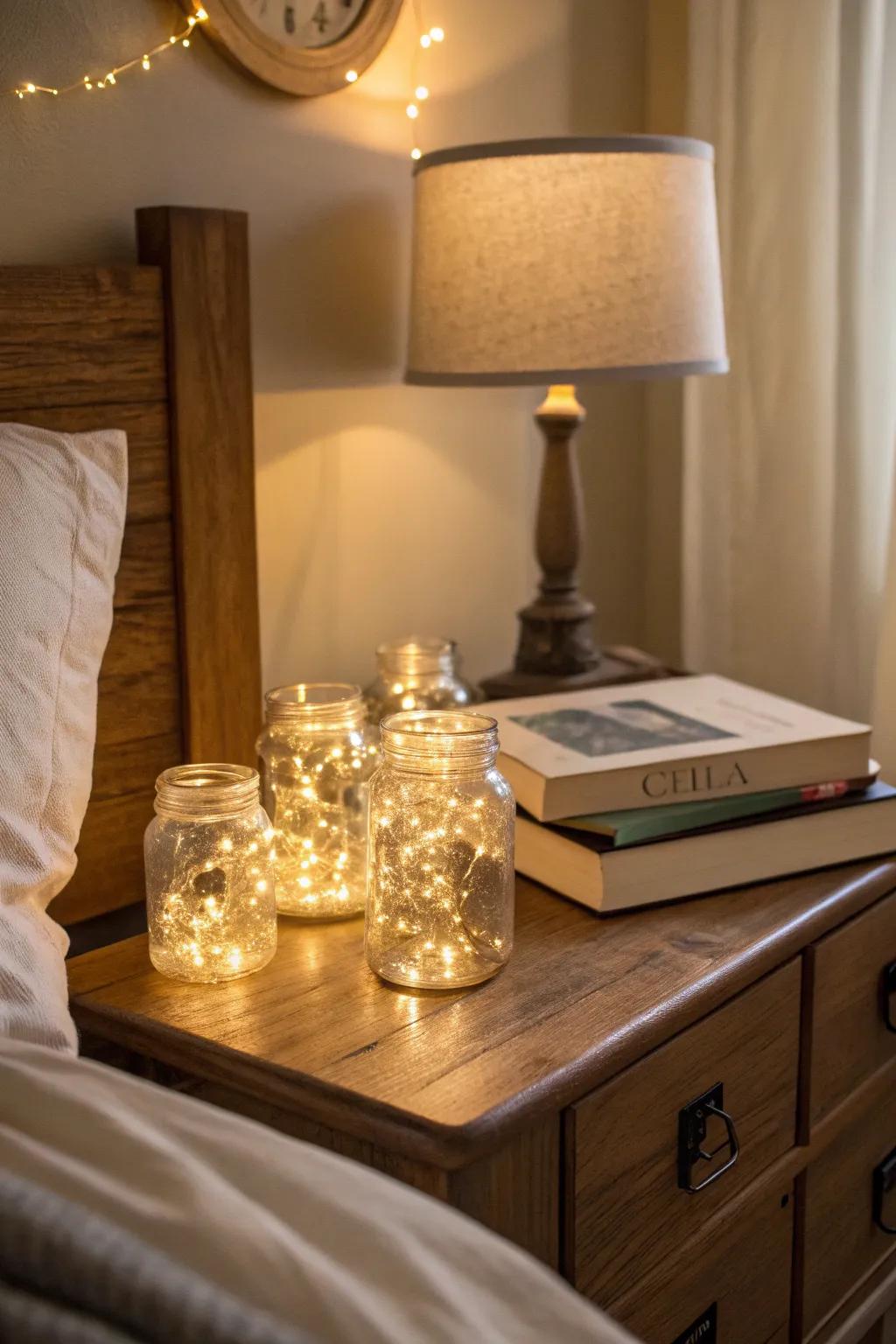 Mason jars filled with fairy lights on a nightstand.