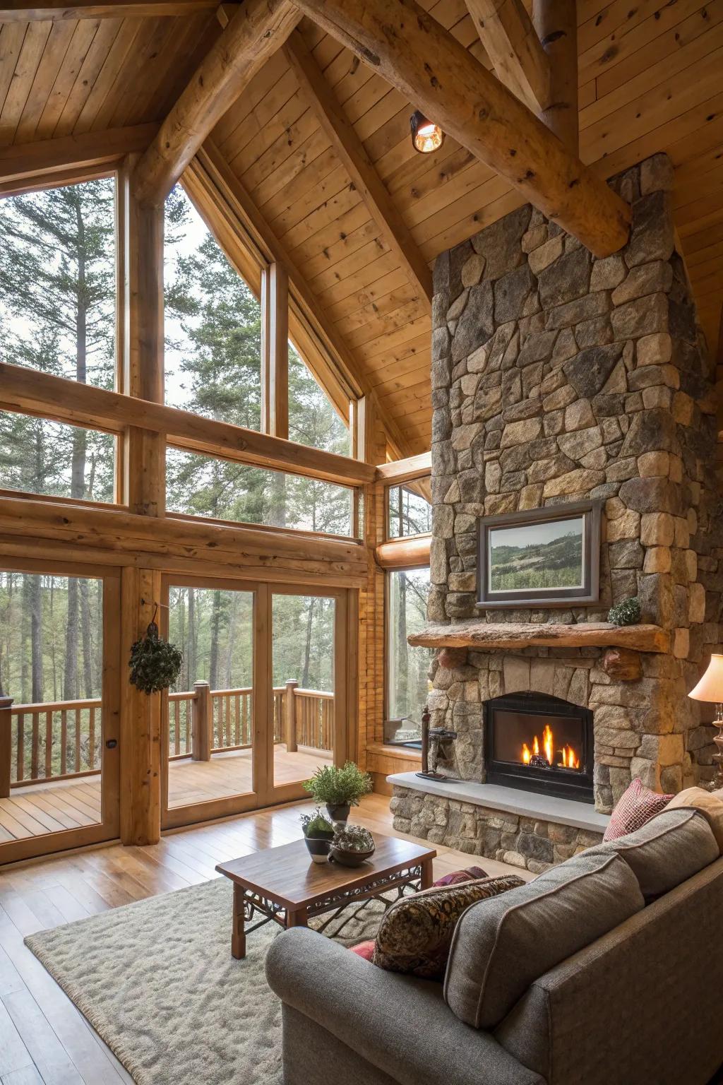 Open spaces in a log cabin interior enhance the feeling of airiness, promoting a sense of freedom and connection to nature.