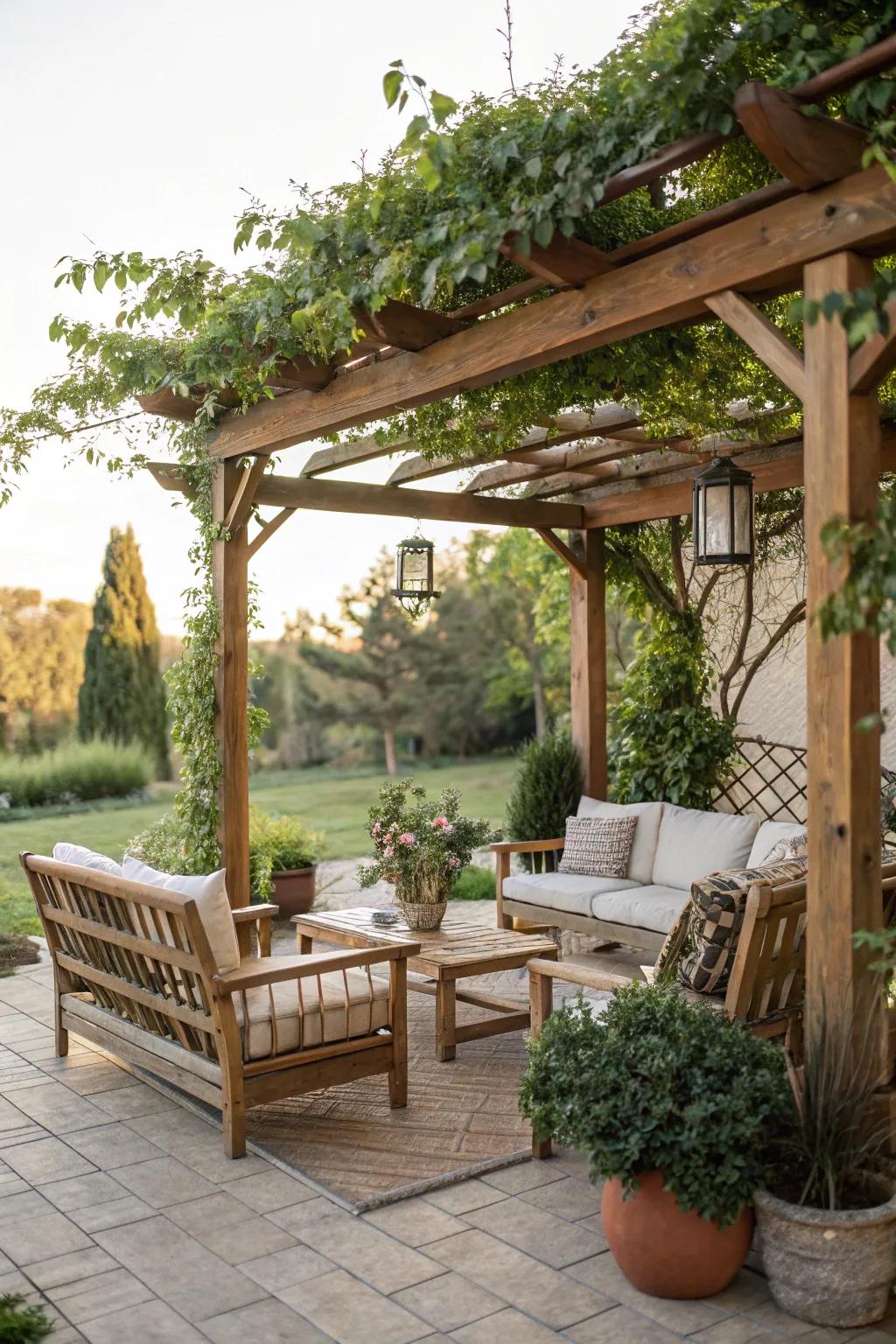 A pergola constructs a tranquil, shaded retreat.