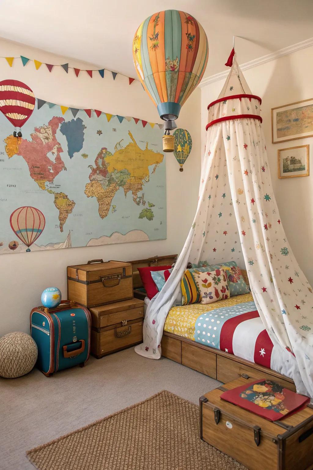 A bedroom inspired by hot air balloons and flight.